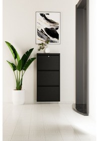 Resim Kilitli 3 Kapaklı Metal Ayakkabılık Siyah Siyah 