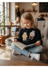 Resim Kız Çocuk Pamuklu Karakter İşlemeli Sweatshirt-16392 Siyah 