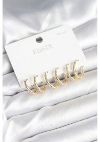 Resim Pirinç Gold Renk Kemik Halka Model 925 Ayar Gümüş Çivili Kadın Küpe Seti Çok Renkli 