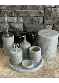 Resim Gri Polen Stone Mermer Japon Gülü Gümüş Aksesuarlı 7'li Banyo Seti Beyaz 