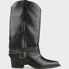 Resim Elle Siyah Deri Kadın Western Çizme 