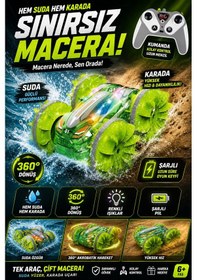 Resim Suda Karada Giden Uzaktan Kumandalı Şarjlı Çift Taraflı Rc Araba Drift Dublör Araba Yeşil 