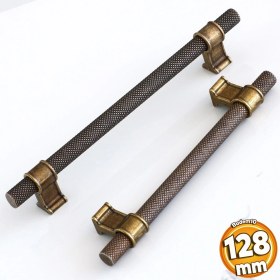 Resim Badem10 Hisar Antik Sarı Metal Kulp 128 mm Tırtıklı Desen Mobilya Çekmece Mutfak Dolabı Dolap Kulpları 