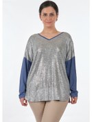 Resim Twomail V Yaka Büyük Beden Uzun Kollu Gümüş Kadın Bluz My2350p107 001 