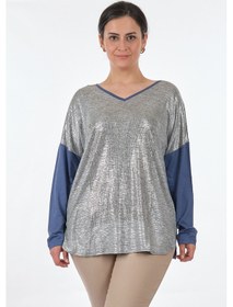 Resim Twomail V Yaka Büyük Beden Uzun Kollu Gümüş Kadın Bluz My2350p107 001 
