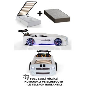 Resim Beyaz Arabalı Yatak Sport Mst Full Ledli Kumandalı Baza Ortopedik Yatak 90x190 Cm 