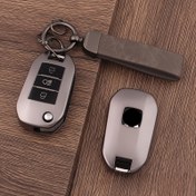 Resim Peugeot 208, 308, 508, 408, 307, 4008, 407, 2008, 3008, Opel Corsa, Citroen C3, C4, C5, C6, C8, Berlingo için 1 adet TPU Araba Anahtar Kılıfı ve Anahtarlık - Şık Gri Tasarım ile Metal Halka, Anahtarlar İçin Dayanıklı Koruma 