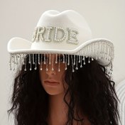 Resim Lüks Taşlı "Gelin" Beyaz Kovboy Şapkası Püskül Detaylı, Polyester Western Temalı Gelin Fedora Bekarlığa Veda Partileri, Balo ve Özel Günler İçin, Hafif Dokuma Yıkanmayan Fedora %100 Polyester Bileşimli, Esnek Olmayan, Tüysüz - 1 Parça 