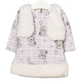 Resim Dear Enika Bupperkids Kız Bebek Ayıcık Desenli Ekoseli Yelekli Lila Elbise 001 