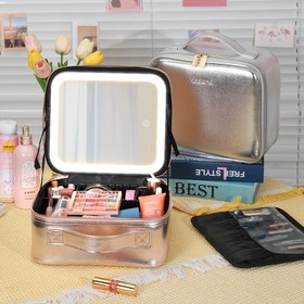 Resim Gümüş ve Gül Altın Rengi Makyaj Çantası LED Aynalı, Kadınlar ve Makyaj Sanatçıları için Seyahat Makyaj Çantası, Büyük Makyaj Çantaları Işıklı Ayna, 3 Renkli Işıklar, Ayarlanabilir Bölücüler ve Fırça Tutucu ile 