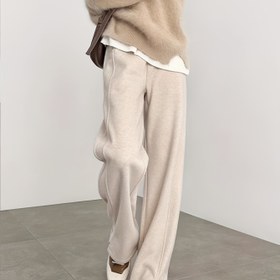 Resim Kadınlar için Bol Kesim Düz Bacaklı Geniş Bacaklı Pantolon - Rahat Herringbone Desen, Hafif Polyester, Bej, Bahar ve Yaz için Mükemmel, Bayanlar Pantolon 