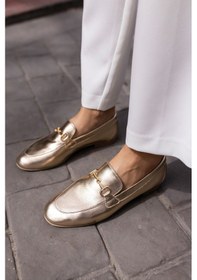 Resim Geola Kadın Kahve Gercek Deri Tokalı Loafer Ayakkabi Gold 