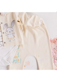 Resim 3-9 Ay Kız Bebek Takımı Tavşan Çiçekli 3'lü Hırkalı Krem Krem 