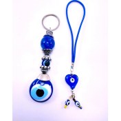 Resim Ennea Art Kalp Cam Nazar Boncuğu Araba Dikiz Ayna Süsü + Anahtarlık Ikili Set El Yapımı Hediyelik Set 