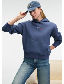 Resim Grimelange MELUREA Kadın Nakışlı Kapüşonlu Comfort Fit Koyu Mavi Sweatshirt 