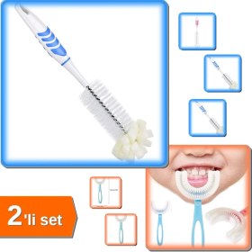 Resim Hereveoyuncak Biberon Şişe Temizleme Fırçası + Silikon Çocuk Diş Fırçası Tartar Temizleyici 2-12 Yaş - 2li Set C1K 