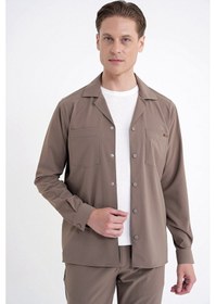 Resim Comfort Fit Apaş Yaka Doku Desenli %100 Pamuk Vizon Gömlek Ceket G 1601 