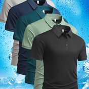 Resim Erkeklerin Şık Gri Golf Gömleği - Kısa Kollu, Rahat Polyester, Dize Desenli Düğmeli, Günlük ve İş Giyiminde İdeal, Golf Gömleği 