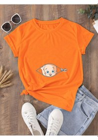 Resim Hamile Gebe T-shirt Bebek Fermuar Baskılı - Turuncu Bisiklet Yaka Oversize Tişört 