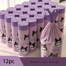 Resim 12 adet taşınabilir çöp torbası olan bir rulo, for kuromi çizgi film tasarımı ile, 10 Kg'a kadar taşıyabilir, 0-10L kullanım için uygundur, kalınlaştırılmış bağcıklı çöp torbaları, depolama ve ev kullanımı için idealdir. 