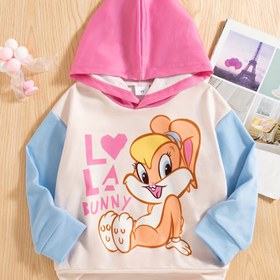 Resim Kızlar için Casual Kapüşonlu Sweatshirt Karikatür Tavşan Baskısı ile - Renk Bloklu Uzun Kollu Kazak, Pembe ve Mavi, İlkbahar ve Sonbahar için Düşük Omuz Tasarımı, Dış Mekan Oyunları veya Rahat Giyim için Mükemmel, Tavşan Kıyafetleri 