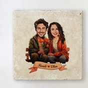 Resim Ciftlere Özel Bankta Aşkımız Karikatürlü Taş Bardak Altlığı 