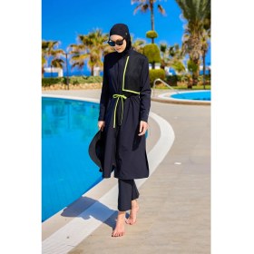 Resim Siyah Tam Kapalı Tesettür Mayo - Tül Detaylı Ayarlanabilir Tunik M2506-1 