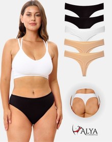 Resim Alya Underwear Kadın Bato Tanga Pamuklu Külot, Büyük Beden String, 5'li Paket- 2 Siyah, 1 Beyaz, 2 Ten Renkli P02 