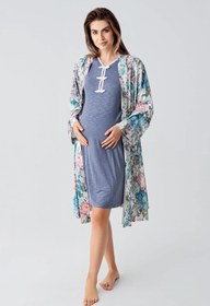 Resim Uzun Kollu Desenli Viskon Hamile Sabahlık Gecelik Takım 24108 - İndigo / XL 