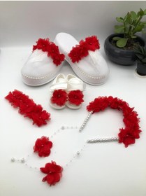 Resim ArdaStore Anne Bebek Kırmızı Çiçekli Logusa Seti Terlik Taç Bandana Bebek Patiği 