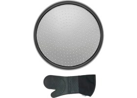 Resim Kitchen Design Lab Orta Boy Delikli Pizza Tepsisi Lahmacun Pide Tepsisi 32 cm ve Gri Silikon Yanmaz Fırın Eldiveni 