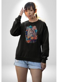 Resim Çiçek Kedi Sulu Boya Unisex Siyah Baskılı Sweatshirt Siyah 