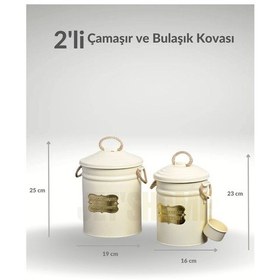 Resim 2'li Set Deterjan Kovası Çamaşır Bulaşık Kutusu Ölçekli Galvaniz Metal Krem Krem 