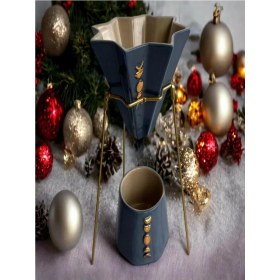 Resim Feyza Design El Yapımı Seramik V60 Dripper ile Mavi Kahve Demleme Seti 