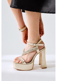 Resim Marcel Altın Kırışık Rugan İnce Taşlı Bantlı Platformlu Yüksek Topuklu Ayakkabı 001 
