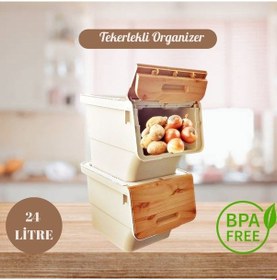 Resim Motek Patetes Soğan Sepeti Oyuncak Kutusu Tekerlekli Organızer Çok Amaçlı Kutu 2x12lt-bambu+krem 