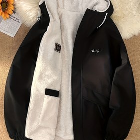 Resim 1pc Erkek Casual Çevrilebilir Fleece Ceket, Polyester Isı Yalıtımlı Kapüşonlu Mont, Katı Renk Outdoor Spor Termal Üst için Yürüyüş, Kamp, Olta, Koşu - Genç ve Yetişkin 