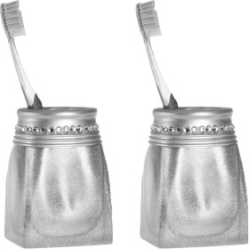 Resim 2 Adet Diş Fırçalık Kristal Taşlı Gümüş Poliresin 7x7x10cm Banyo Seti Çok Renkli 