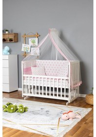 Resim Ahşap Beşik Anne Yanı Beşik Beyaz 70x130 - Pembe Yıldız 1 Yastıklı Uyku Seti + Yataklı Beyaz 