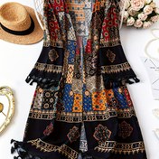 Resim Plus Beden Kadınlar için Şık Paisley Desenli Püskül Etekli Tunik Üst - Karın Kontrollü Yazlık Bluz, Hafif Esnek Olmayan Kumaş, Sadece Elde Yıkanır, Boho Chic Tarz İlkbahar/Yaz Günlük Giyim, Açık Ön Tasarım, Nefes Alabilen Malzeme, Moda Tutkunları İçin Stil Bluz 