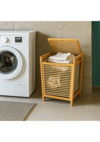 Resim Orta Boy Ahşap Bambu Kirli Sepeti 40x35x60 Çoklu Renk 
