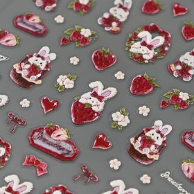 Resim Fantazi Hayvan Baskısı 5D Çilek Tavşan Tırnak Stickerları - Nakış Dekorasyonu, Kendinden Yapışkan Montaj, Koku Yok, Tek Kullanımlık, Kadın Tırnak Dekorasyonu İçin Uygundur 