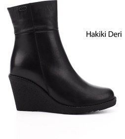 Resim GÖNDERİ(R) Kadın / Kız Siyah Fermuarlı Dolgu Topuklu Hakiki Deri Bot 