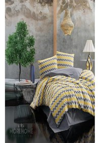 Resim More Home Çift Kişilik Yorgan Kılıfı + Yastık Kılıfı sarı Gri Beyaz Zikzaklı 