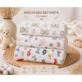 Resim Çok Amaçlı Müslin Örtü&battaniye 3 Lü Set %100 Pamuk 80X90 cm 