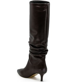 Resim Vegan 6.5 Cm Kısa Rahat Topuklu Sivri Burunlu Körüklü Uzun Kadın Çizme Koyu Kahve 