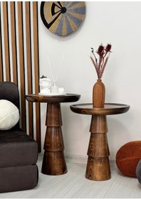 Resim AYLESA Ahşap 2’li Set Mantar Yan Sehpa Modern Ceviz Renk Fiskos Zigon Çiçeklik 