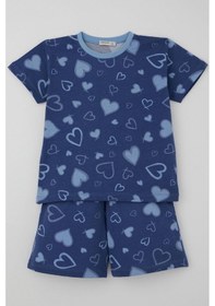 Resim Breeze Kız Çocuk Şortlu Pijama Takımı Kalp Desenli 4-8 Yaş, İndigo 