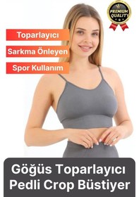 Resim Svein Göğüs Toparlayıcı Sarkma Önleyen Gündelik Spor Kullanım İnce İp Askılı Pedli Çizgili Crop Büstiyer Gri 