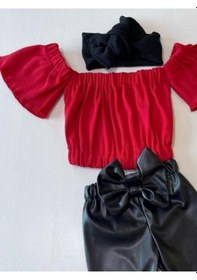 Resim Özge Başaran Kız Çocuk Likralı Deri Fiyonk Detaylı Pantolon Kırmızı Straplez Crop Bluz Ve Saç Kırmızı 